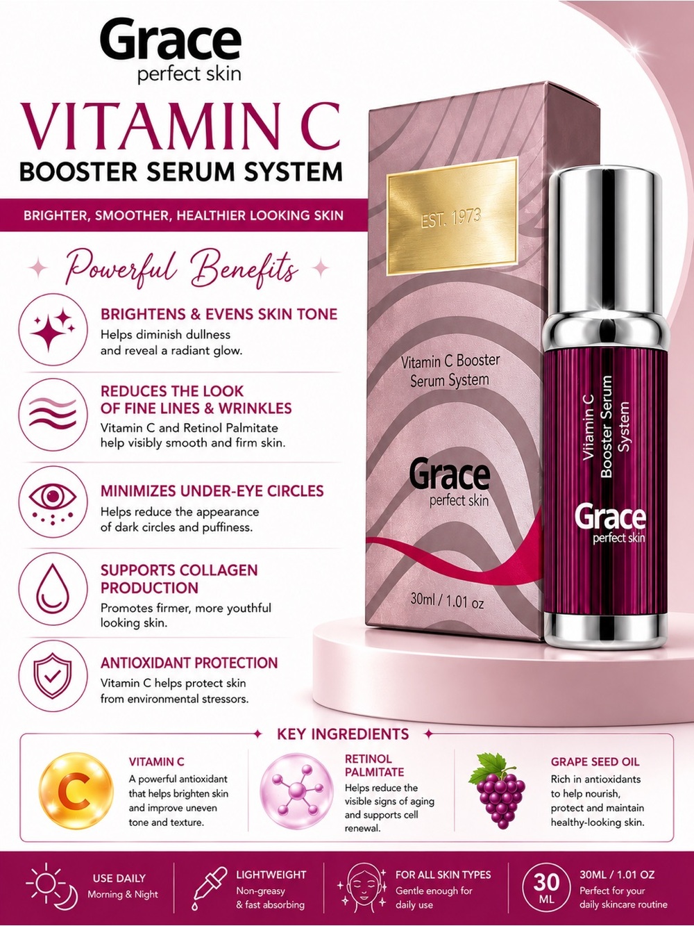 Grace Vitamin C Booster Serum System - Silver & Pink Accents